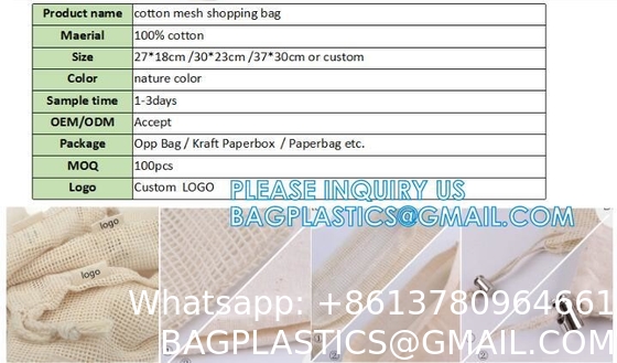 Natural Cotton Double Drawstring Reusable Eco Friendly Grocery Bag Shopping Net Produce OrganicMesh Fruit Bag