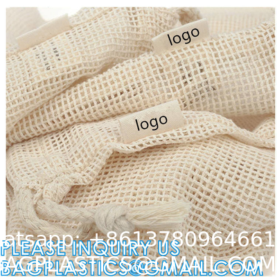 Natural Cotton Double Drawstring Reusable Eco Friendly Grocery Bag Shopping Net Produce OrganicMesh Fruit Bag