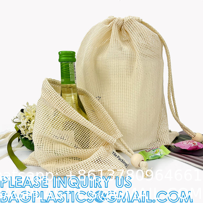 Natural Cotton Double Drawstring Reusable Eco Friendly Grocery Bag Shopping Net Produce OrganicMesh Fruit Bag
