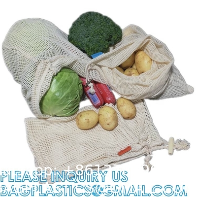 Natural Cotton Double Drawstring Reusable Eco Friendly Grocery Bag Shopping Net Produce OrganicMesh Fruit Bag