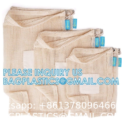 Natural Cotton Double Drawstring Reusable Eco Friendly Grocery Bag Shopping Net Produce OrganicMesh Fruit Bag