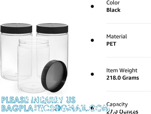27 Ounce Plastic Jars With Lids, 3 Pack Food Storage Containers Airtight, Clear Containers For Organizing