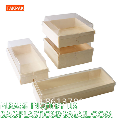 Wooden Food Packaging Box Cake Dessert Container With Plastic Cover, Take Out Pastry Cake Lunch Sushi Tray