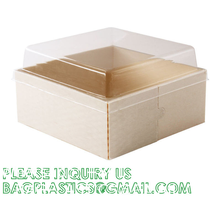 Wooden Food Packaging Box Cake Dessert Container With Plastic Cover, Take Out Pastry Cake Lunch Sushi Tray
