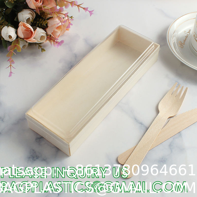 Wooden Food Packaging Box Cake Dessert Container With Plastic Cover, Take Out Pastry Cake Lunch Sushi Tray
