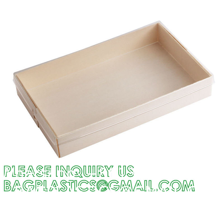 Wooden Food Packaging Box Cake Dessert Container With Plastic Cover, Take Out Pastry Cake Lunch Sushi Tray