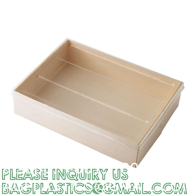 Wooden Food Packaging Box Cake Dessert Container With Plastic Cover, Take Out Pastry Cake Lunch Sushi Tray