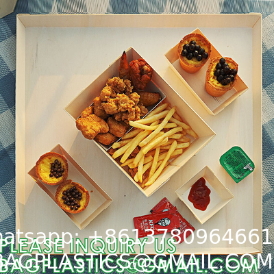 Wooden Food Packaging Box Cake Dessert Container With Plastic Cover, Take Out Pastry Cake Lunch Sushi Tray