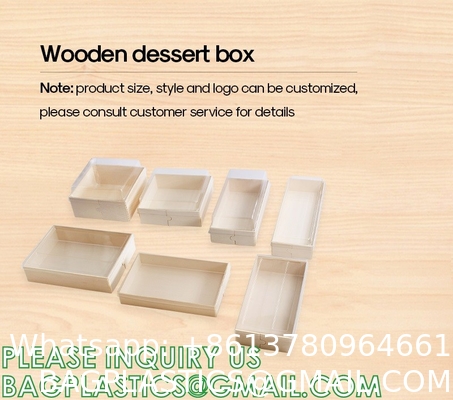 Wooden Food Packaging Box Cake Dessert Container With Plastic Cover, Take Out Pastry Cake Lunch Sushi Tray