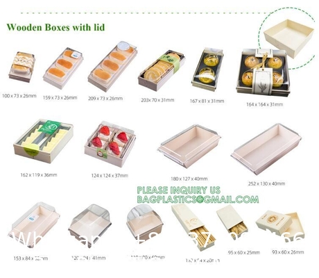 Wooden Food Packaging Box Cake Dessert Container With Plastic Cover, Take Out Pastry Cake Lunch Sushi Tray