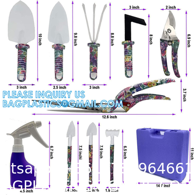 10Pcs Garden Tools Set Mini With Purple Floral Print For Planting Weeding Garden Hand Tools With Carrying Case
