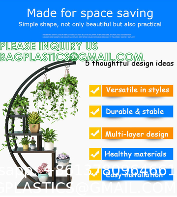 Metal Plant Stand Creative Half Moon Shape Ladder Flower Pot Stand Rack for Home Patio Lawn Garden Balcony Holder
