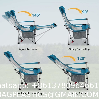 Portable Folding Adjustable Reclining Leisure Mesh Camping Chair With Removable Footrest, Foam Pillow, Cup Holder