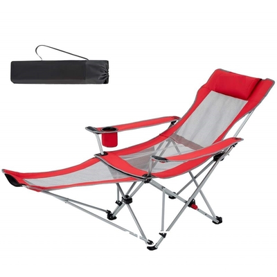 Portable Folding Adjustable Reclining Leisure Mesh Camping Chair With Removable Footrest, Foam Pillow, Cup Holder