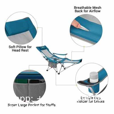 Portable Folding Adjustable Reclining Leisure Mesh Camping Chair With Removable Footrest, Foam Pillow, Cup Holder