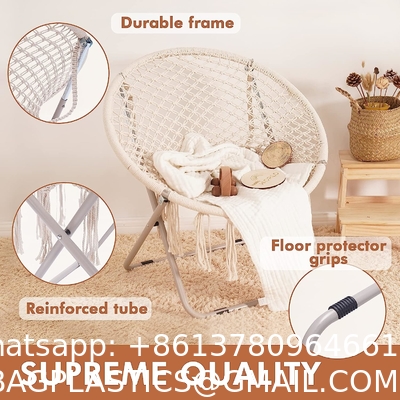 Saucer Chair with Folding Metal Frame, 100% Cotton Handmade Round Cozy Chairs, Exquisite Moon Chair for Bedroom