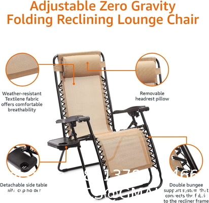 Outdoor Textilene Adjustable Zero Gravity Folding Reclining Lounge Chair With Pillow, 26", Beige