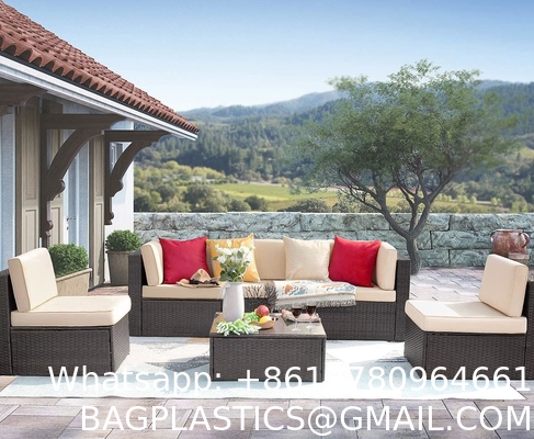 Patio Rattan Furniture Set Hidden Storage, 7 Sofa Sections, Outdoor Wicker Conversation Set, Natural Color Rattan