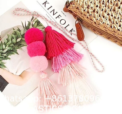 Colorful Bohemian Pompom Tassel Keychain Handbags Straw Bag Charms Ornaments Key Ring Pompom Pendant
