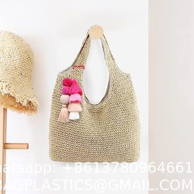 Colorful Bohemian Pompom Tassel Keychain Handbags Straw Bag Charms Ornaments Key Ring Pompom Pendant