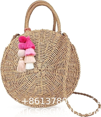 Colorful Bohemian Pompom Tassel Keychain Handbags Straw Bag Charms Ornaments Key Ring Pompom Pendant