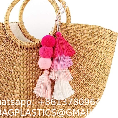 Colorful Bohemian Pompom Tassel Keychain Handbags Straw Bag Charms Ornaments Key Ring Pompom Pendant