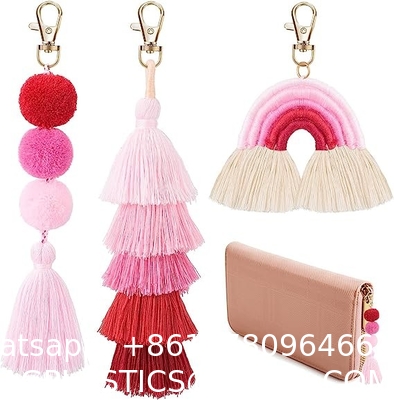 Boho Macrame Keychains Pom Pom Tassel Rainbow Keychains Cute Colorful Tassel Keychain Purse Charms for Handbags