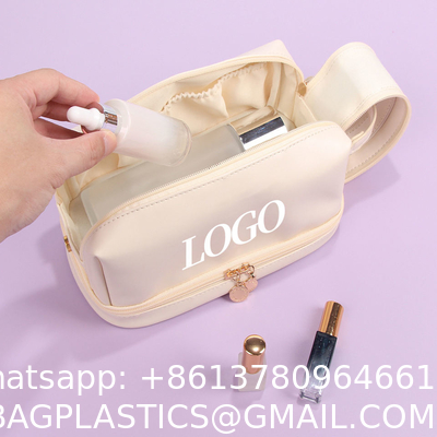 Customized New Arrival Luxury Portable Pu Large White Leather Travel Toiletry Storage Makeup Cosmetic Bags With Logo