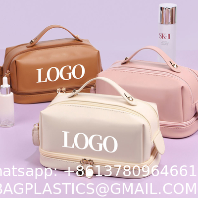 Customized New Arrival Luxury Portable Pu Large White Leather Travel Toiletry Storage Makeup Cosmetic Bags With Logo