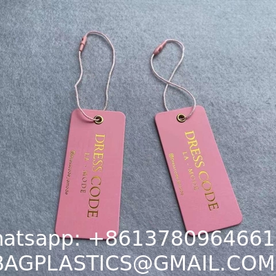 Gold Foil Printed Hangtag High Quality Custom Paper Brand Apparel Product Tags, Logo Pink Tag String Clothing Hangtag