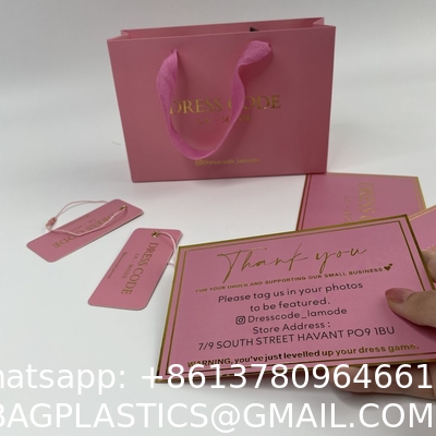 Gold Foil Printed Hangtag High Quality Custom Paper Brand Apparel Product Tags, Logo Pink Tag String Clothing Hangtag