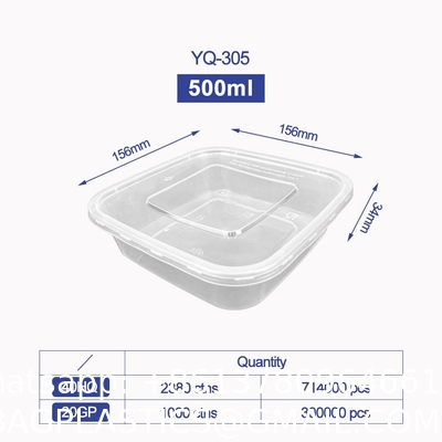 500ml Clear/Black Rectangular PP Disposable Plastic Food Container Microwaveable Food Bento Storage Lunch Box