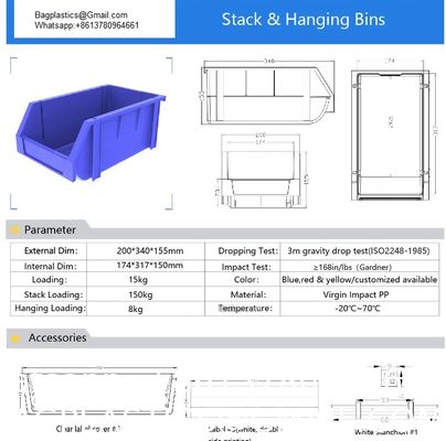 Small Parts Storage Solution Virgin Plastic PP Stack Hang Bins For Organizing Storage Boxes & Bins For Tool & Packaging Use