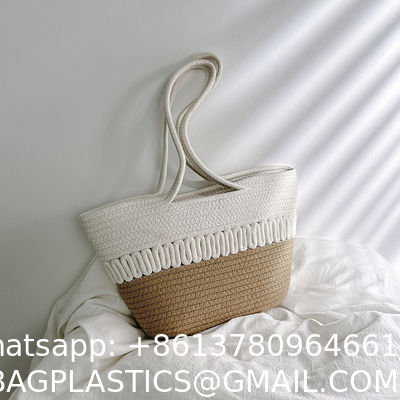 New Large Straw Raffia Handbag For Women 2 Colors Casual Beach Bag Handmade Crocheted Wicker With Open Closure Chain Decoration