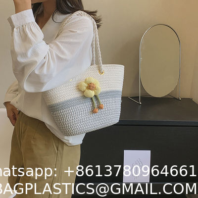 Luxury Large Summer Beach Personalized Custom PU Leather Trim Crochet Raffia Straw Tote Bag Handbag Manufacturers For Women
