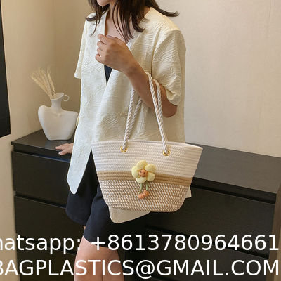 Luxury Large Summer Beach Personalized Custom PU Leather Trim Crochet Raffia Straw Tote Bag Handbag Manufacturers For Women