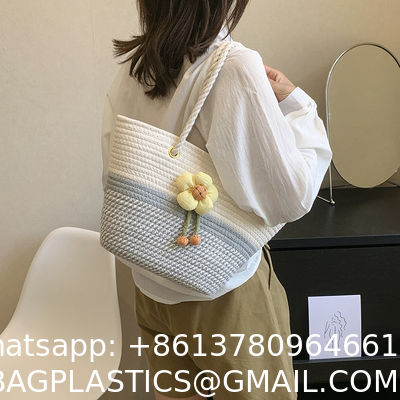 Luxury Large Summer Beach Personalized Custom PU Leather Trim Crochet Raffia Straw Tote Bag Handbag Manufacturers For Women