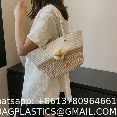 Luxury Large Summer Beach Personalized Custom PU Leather Trim Crochet Raffia Straw Tote Bag Handbag Manufacturers For Women