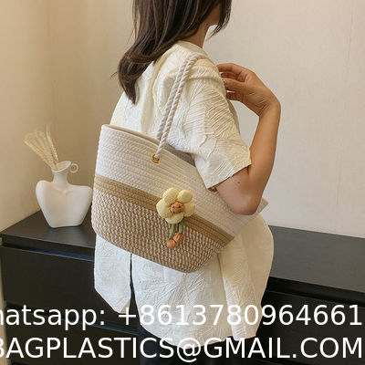 Luxury Large Summer Beach Personalized Custom PU Leather Trim Crochet Raffia Straw Tote Bag Handbag Manufacturers For Women