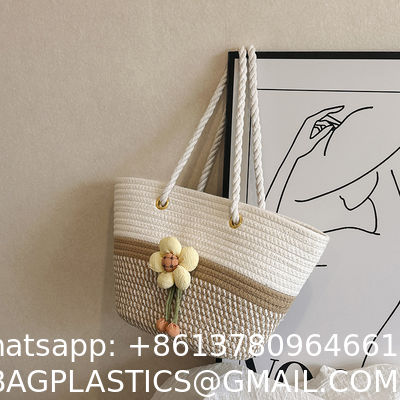 Luxury Large Summer Beach Personalized Custom PU Leather Trim Crochet Raffia Straw Tote Bag Handbag Manufacturers For Women