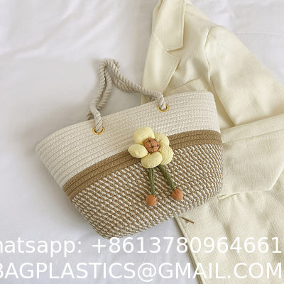 Luxury Large Summer Beach Personalized Custom PU Leather Trim Crochet Raffia Straw Tote Bag Handbag Manufacturers For Women