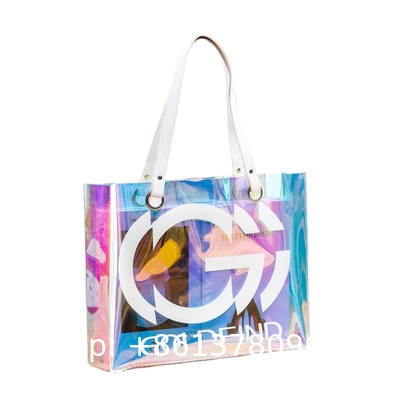 Holographic Clear Tote Bag With Leather Handle Iridescent Beach Totes Shoulder Handbag For Women Summer Pool Party