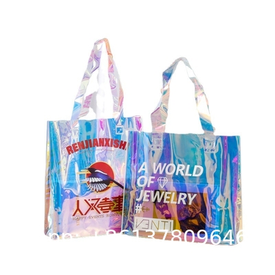 Holographic Clear Tote Bag With Leather Handle Iridescent Beach Totes Shoulder Handbag For Women Summer Pool Party