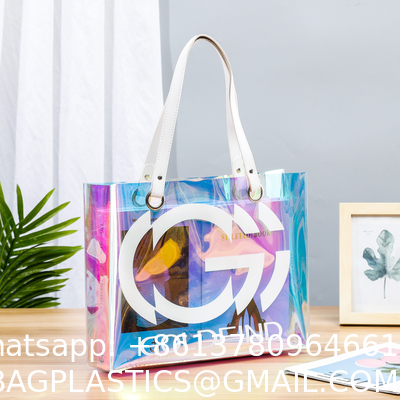 Holographic Clear Tote Bag With Leather Handle Iridescent Beach Totes Shoulder Handbag For Women Summer Pool Party
