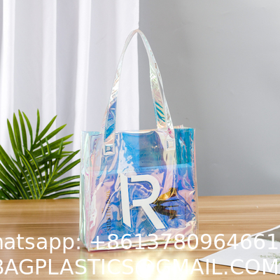 Holographic Clear Tote Bag With Leather Handle Iridescent Beach Totes Shoulder Handbag For Women Summer Pool Party