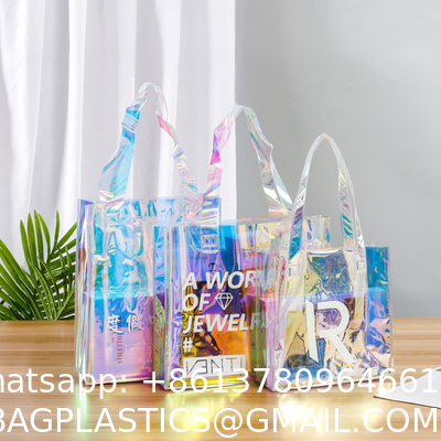 Holographic Clear Tote Bag With Leather Handle Iridescent Beach Totes Shoulder Handbag For Women Summer Pool Party