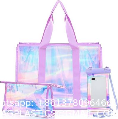 Recycled Recyclable Hot Sale Customized Logo and Size Clear Transparent Holographic PVC Gift Iridescent Tote Bag Hologram TPU Laser Shopping Handle Bag