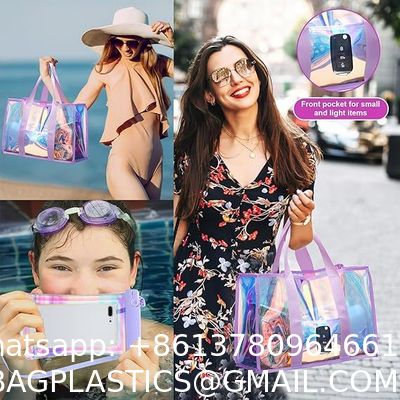 Recycled Recyclable Hot Sale Customized Logo and Size Clear Transparent Holographic PVC Gift Iridescent Tote Bag Hologram TPU Laser Shopping Handle Bag