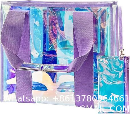 Holographic Iridescent Tote Bag Clear Travel Beach Bag Iridescent Shoulder Bag with Phone Pouch Waterproof Travel Tote for Women Work, Travel, Gym, Beach and Pool