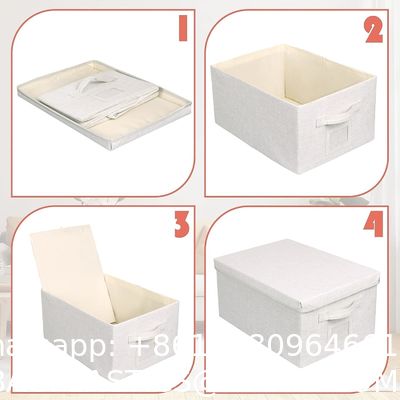 Linen Fabric, Metal Handles Collapsible Stackable Storage Bins With Lids, Packs White Linen Fabric Closet Boxes With Lids, Storage Cube Baskets Container Organizers For Bedroom Office